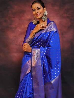 royal blue silk blend banarasi saree with unstitched blouse piece 3