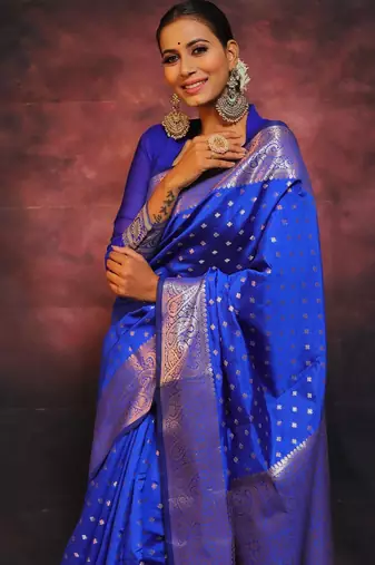 royal blue silk blend banarasi saree with unstitched blouse piece