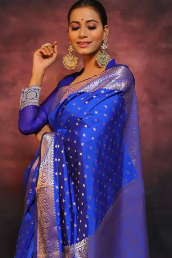 royal blue silk blend banarasi saree with unstitched blouse piece