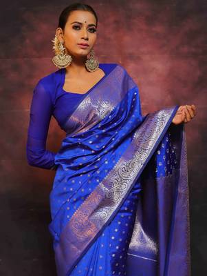 royal blue silk blend banarasi saree with unstitched blouse piece 5