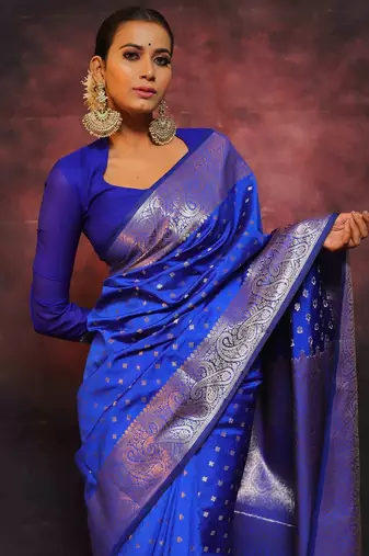 royal blue silk blend banarasi saree with unstitched blouse piece