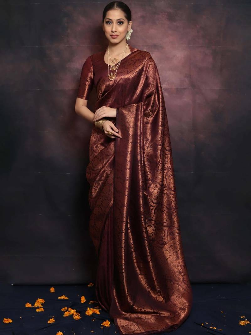 maroon soft art silk banarasi jacuard work designer party wear saree with unstitched blouse piece