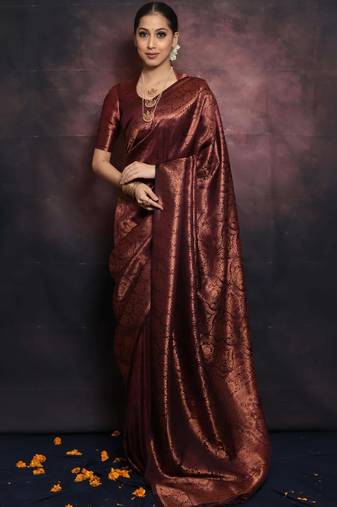 maroon soft art silk banarasi jacuard work designer party wear saree with unstitched blouse piece