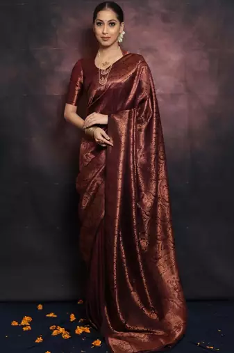 maroon soft art silk banarasi jacuard work designer party wear saree with unstitched blouse piece