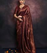 maroon soft art silk banarasi jacuard work designer party wear saree with unstitched blouse piece