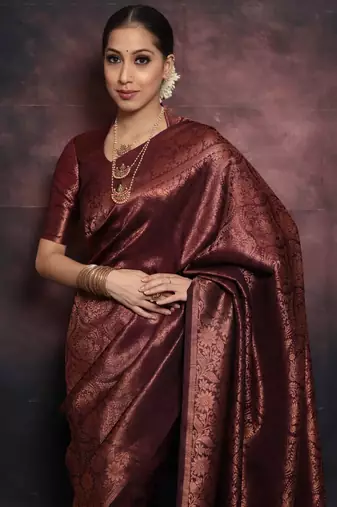 maroon soft art silk banarasi jacuard work designer party wear saree with unstitched blouse piece