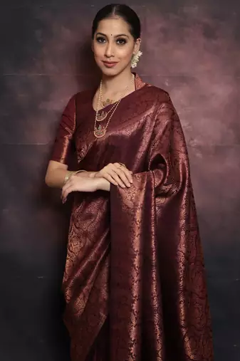 maroon soft art silk banarasi jacuard work designer party wear saree with unstitched blouse piece
