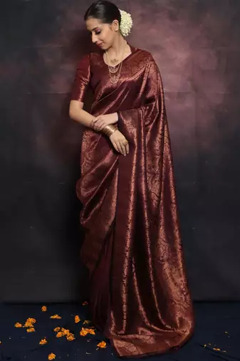 maroon soft art silk banarasi jacuard work designer party wear saree with unstitched blouse piece