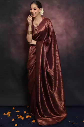 maroon soft art silk banarasi jacuard work designer party wear saree with unstitched blouse piece