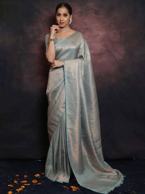 sky blue silk blend banarasi saree with unstitched blouse piece 1