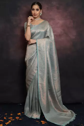 sky blue soft art silk banarasi jacuard work designer party wear saree with unstitched blouse piece