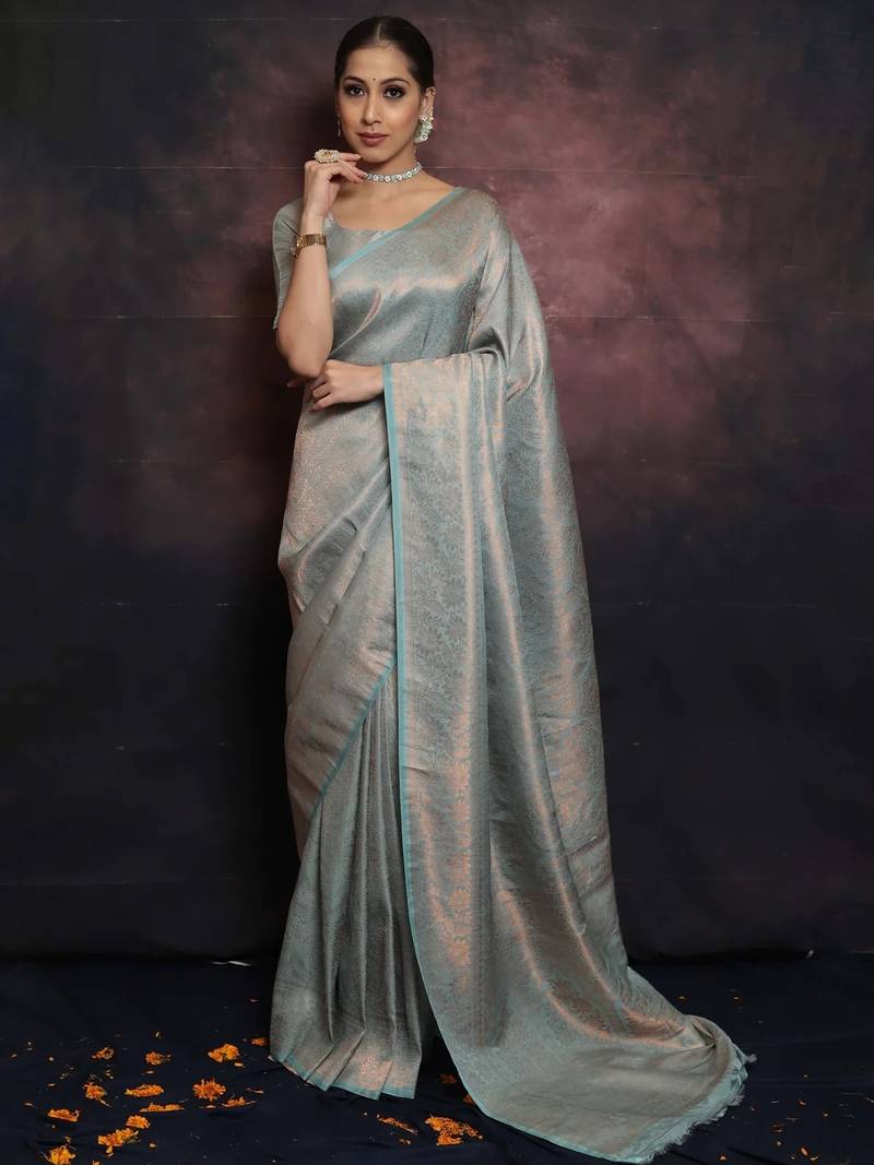 sky blue soft art silk banarasi jacuard work designer party wear saree with unstitched blouse piece