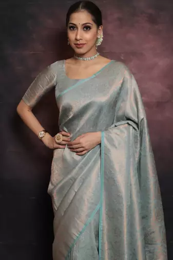 sky blue silk blend banarasi saree with unstitched blouse piece