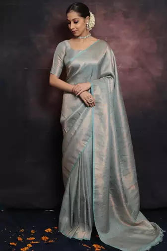 sky blue silk blend banarasi saree with unstitched blouse piece