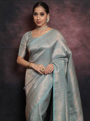 sky blue silk blend banarasi saree with unstitched blouse piece 4
