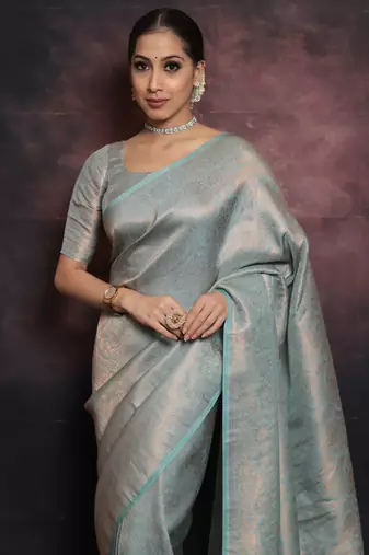 sky blue silk blend banarasi saree with unstitched blouse piece