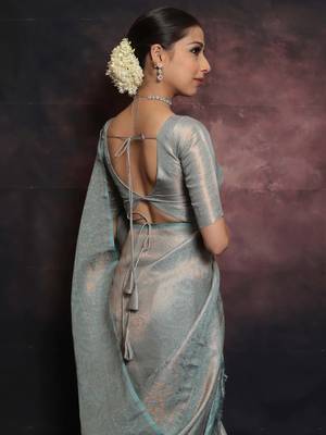 sky blue silk blend banarasi saree with unstitched blouse piece 5