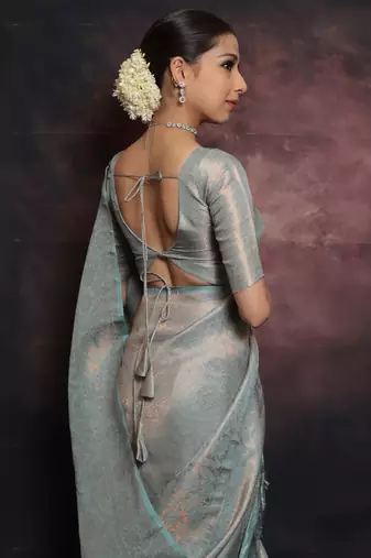 sky blue silk blend banarasi saree with unstitched blouse piece