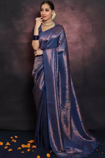 blue soft art silk banarasi jacuard work designer party wear saree with unstitched blouse piece