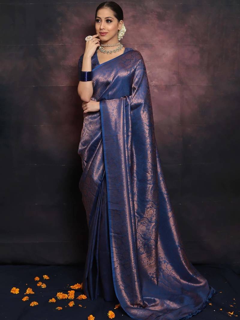 blue soft art silk banarasi jacuard work designer party wear saree with unstitched blouse piece