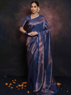 blue silk blend banarasi saree with unstitched blouse piece 2