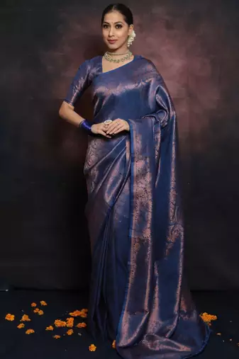 blue soft art silk banarasi jacuard work designer party wear saree with unstitched blouse piece