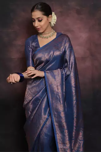 blue soft art silk banarasi jacuard work designer party wear saree with unstitched blouse piece