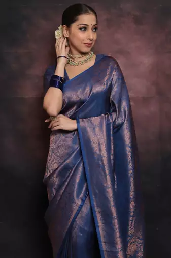 blue soft art silk banarasi jacuard work designer party wear saree with unstitched blouse piece