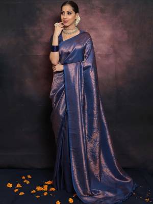 blue silk blend banarasi saree with unstitched blouse piece 5