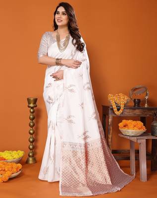 white silk blend banarasi saree with unstitched blouse piece 1