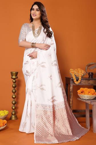 white soft art silk banarasi jacuard work designer party wear saree with unstitched blouse piece