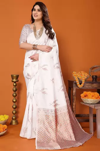 white soft art silk banarasi jacuard work designer party wear saree with unstitched blouse piece