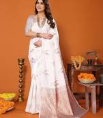 white soft art silk banarasi jacuard work designer party wear saree with unstitched blouse piece