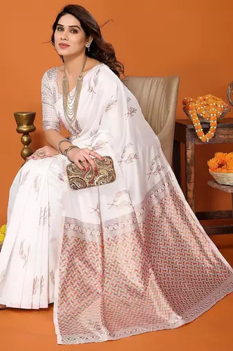white silk blend banarasi saree with unstitched blouse piece