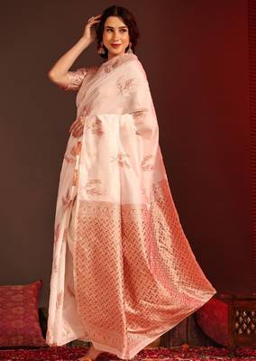 white silk blend banarasi saree with unstitched blouse piece 2