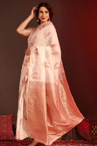 white silk blend banarasi saree with unstitched blouse piece