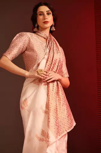 white soft art silk banarasi jacuard work designer party wear saree with unstitched blouse piece