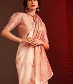 white soft art silk banarasi jacuard work designer party wear saree with unstitched blouse piece