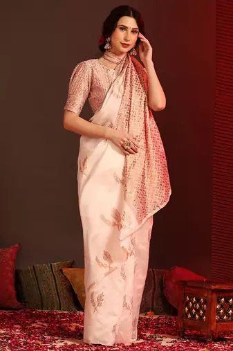 white silk blend banarasi saree with unstitched blouse piece