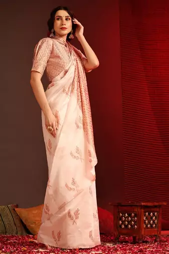 white silk blend banarasi saree with unstitched blouse piece