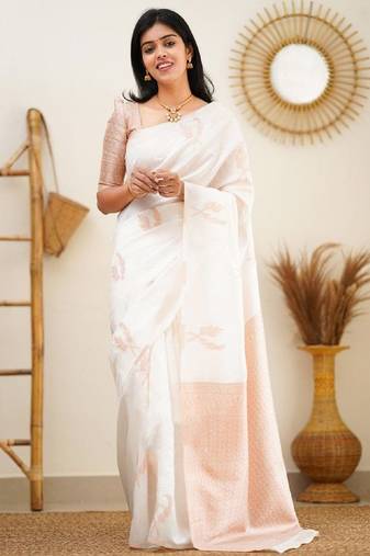 white soft art silk banarasi jacuard work designer party wear saree with unstitched blouse piece