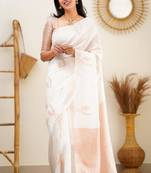 white soft art silk banarasi jacuard work designer party wear saree with unstitched blouse piece