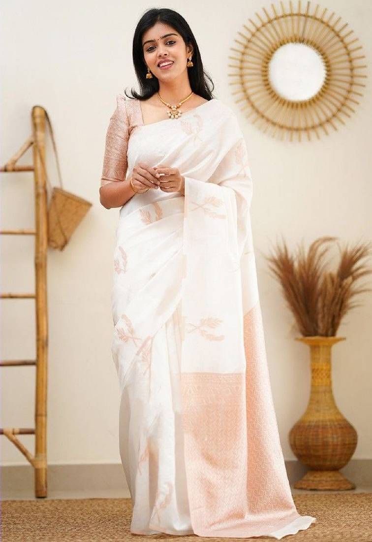 white soft art silk banarasi jacuard work designer party wear saree with unstitched blouse piece