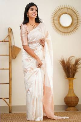 white silk blend banarasi saree with unstitched blouse piece 2