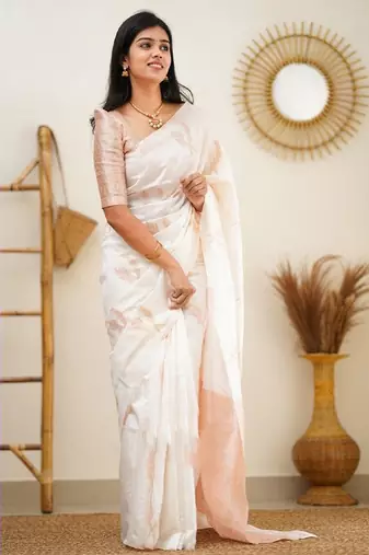 white silk blend banarasi saree with unstitched blouse piece