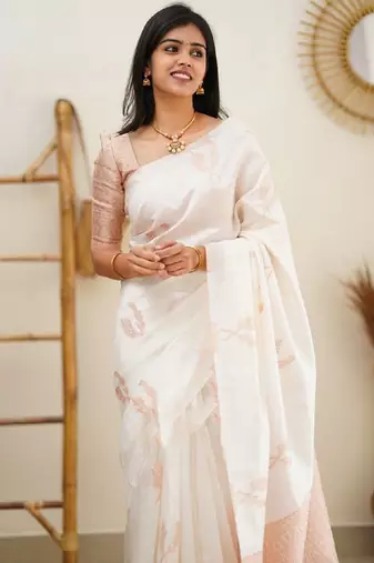 white silk blend banarasi saree with unstitched blouse piece