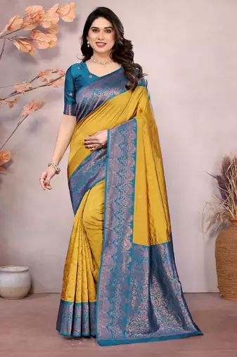 yellow morpich soft art silk banarasi jacuard work designer party wear saree with unstitched blouse piece