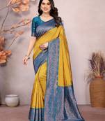yellow morpich soft art silk banarasi jacuard work designer party wear saree with unstitched blouse piece