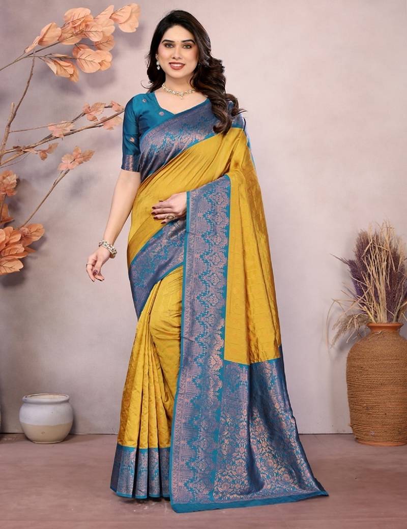 yellow morpich soft art silk banarasi jacuard work designer party wear saree with unstitched blouse piece