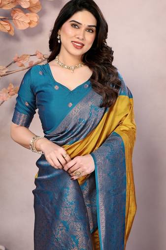 yellow morpich soft art silk banarasi jacuard work designer party wear saree with unstitched blouse piece